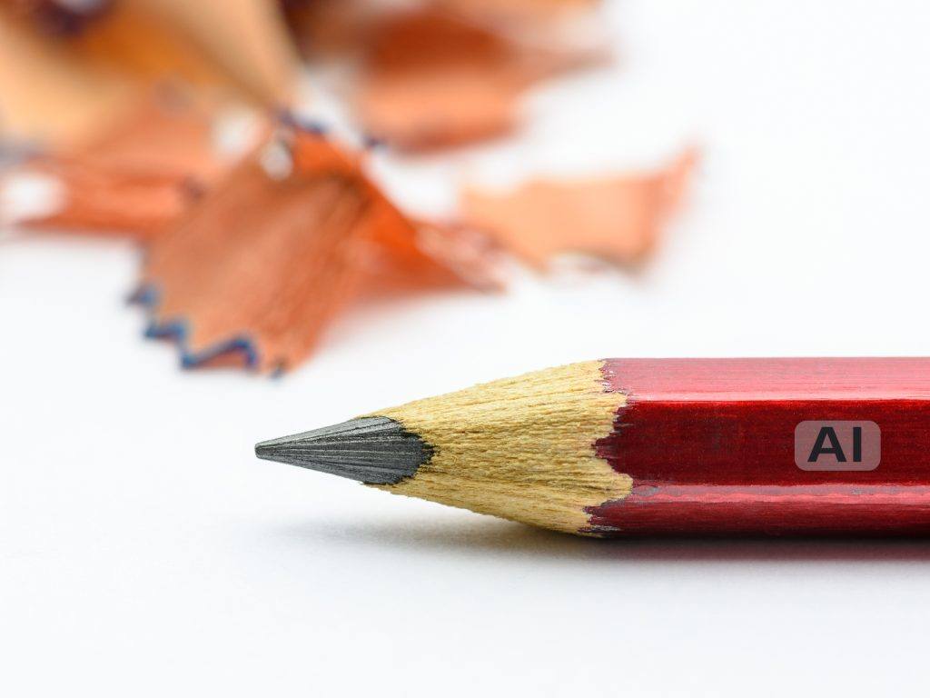 Lápiz rojo afilado con la inscripción AI y virutas de madera detrás