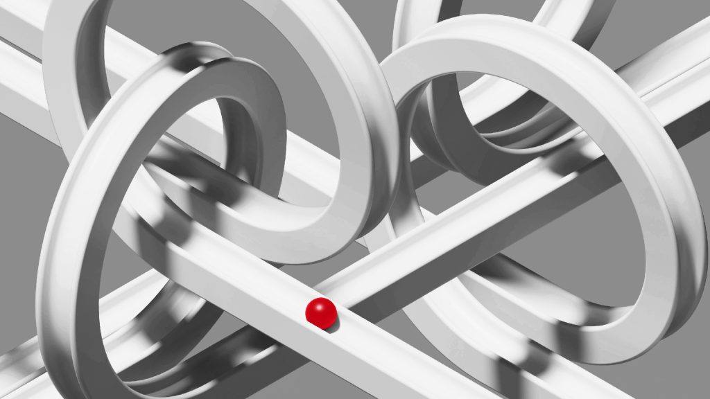 Anillos y carriles blancos con una sola bola roja, imagen abstracta del ecosistema del marketing