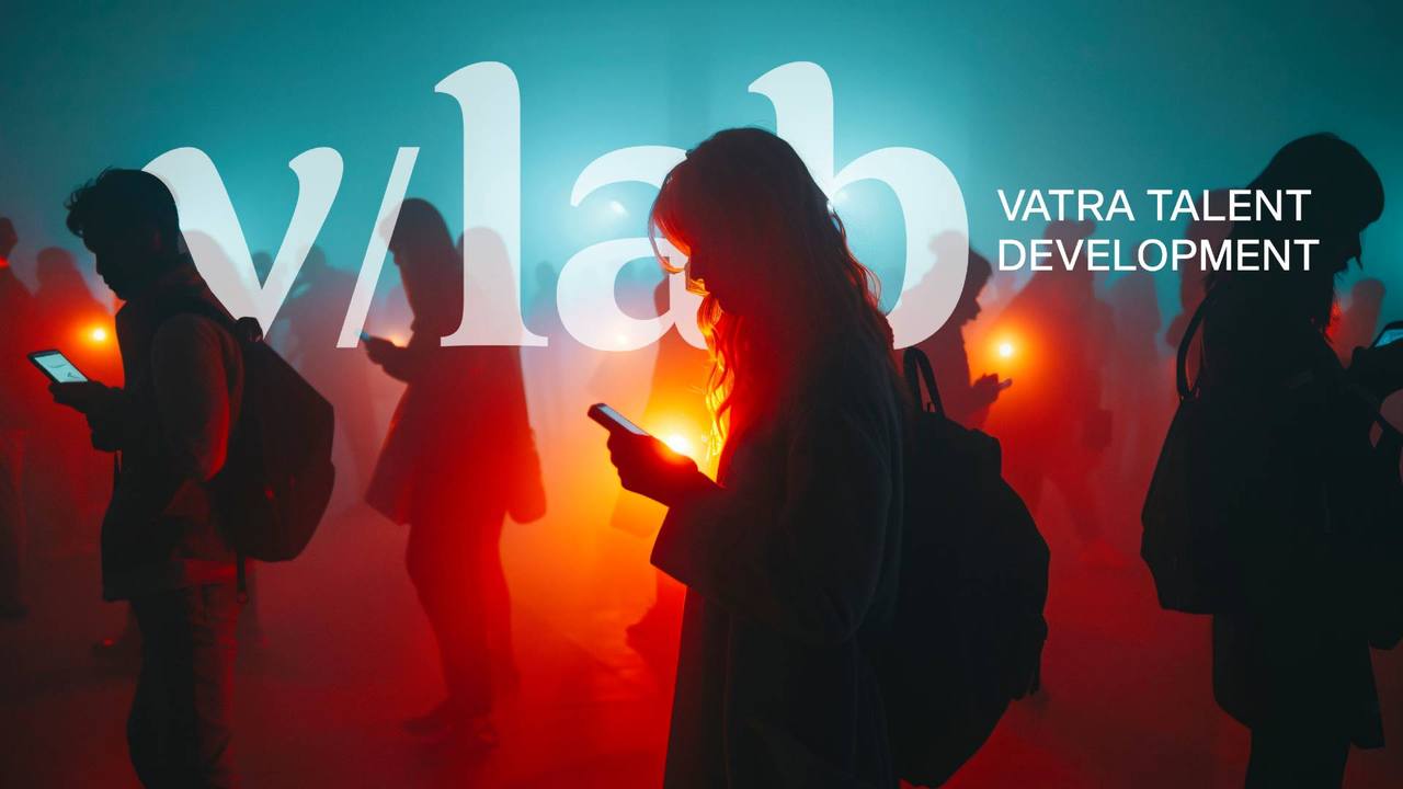 Siluetas de personas mirando sus móviles bajo el logotipo de v/lab, Vatra Talent Development