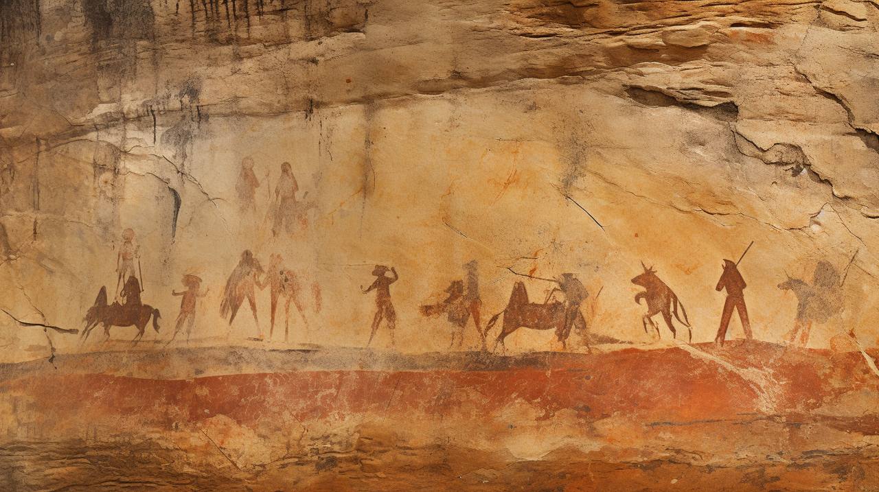 Pintura rupestre de personas y animales en una pared de roca